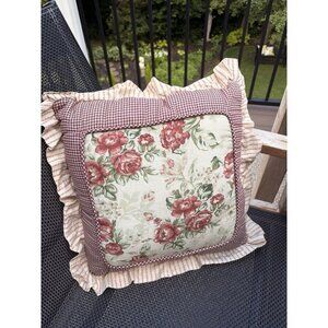 Vtg Laura Ashley Throw Pillow Cottage Roses Gingham Reversible Ruffle Trim  16”